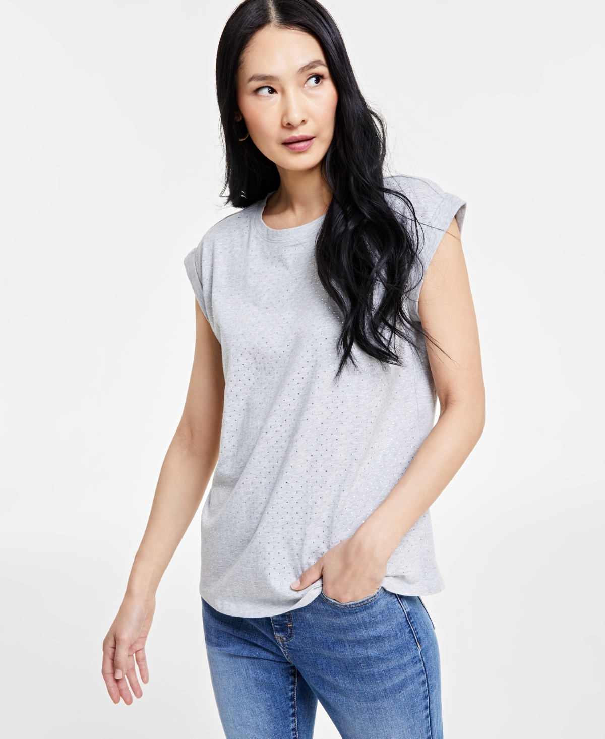 Inc International Concepts Women's Embellished Cotton Top, Created For Macy's In Heather Belle Grey