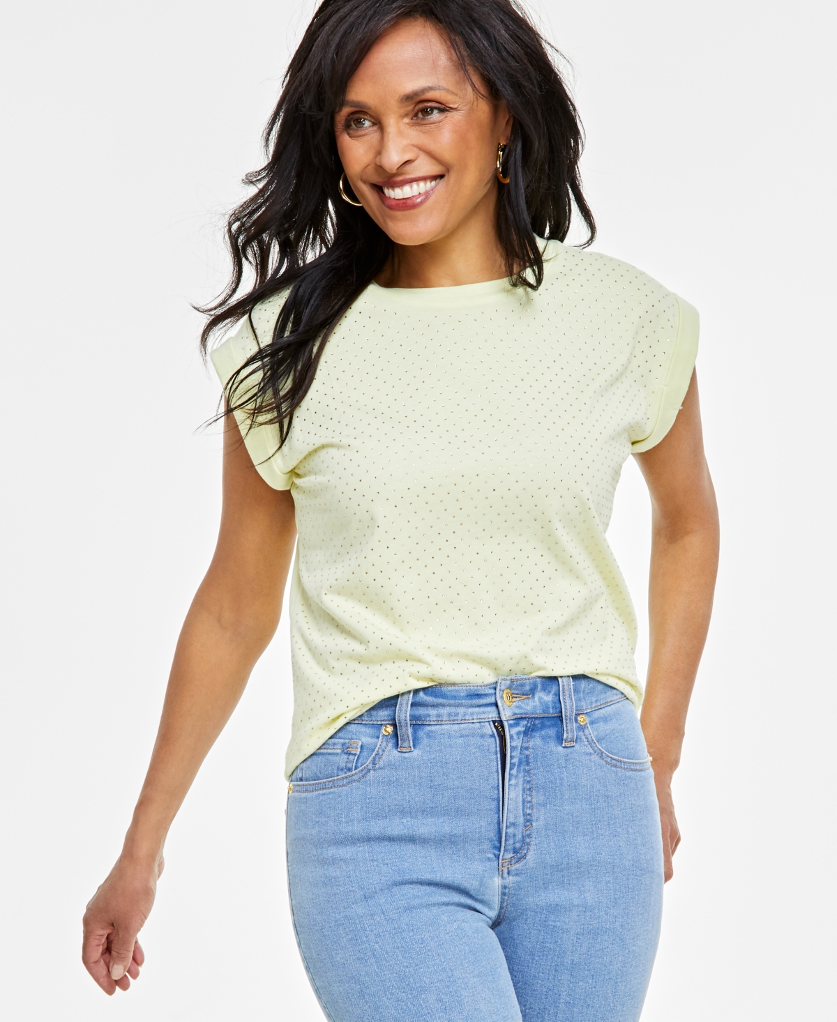 Inc International Concepts Women's Embellished Cotton Top, Created For Macy's In Hosta Leaf