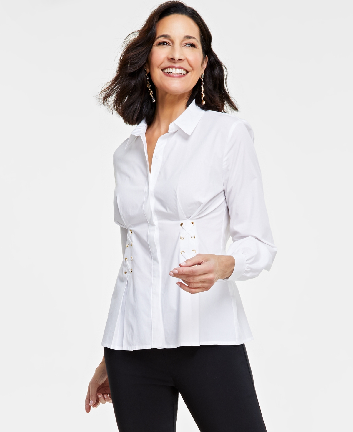 Inc International Concepts Women's Long-sleeve Grommet-detail Blouse, Created For Macy's In Bright White
