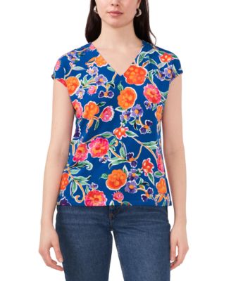 Vince Camuto - Women's Floral V-Neck Cap-Sleeve Knit Top