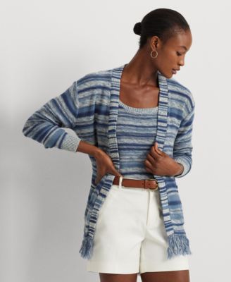 Lauren Ralph Lauren - Petite Linen-Blend Striped Fringe-Trim Cardigan