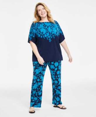 Jm Collection Plus Size Printed Elbow Sleeve Boat Neck Poncho Elena Printed Wide Leg Pants Created For Macys In Deep Black Combo