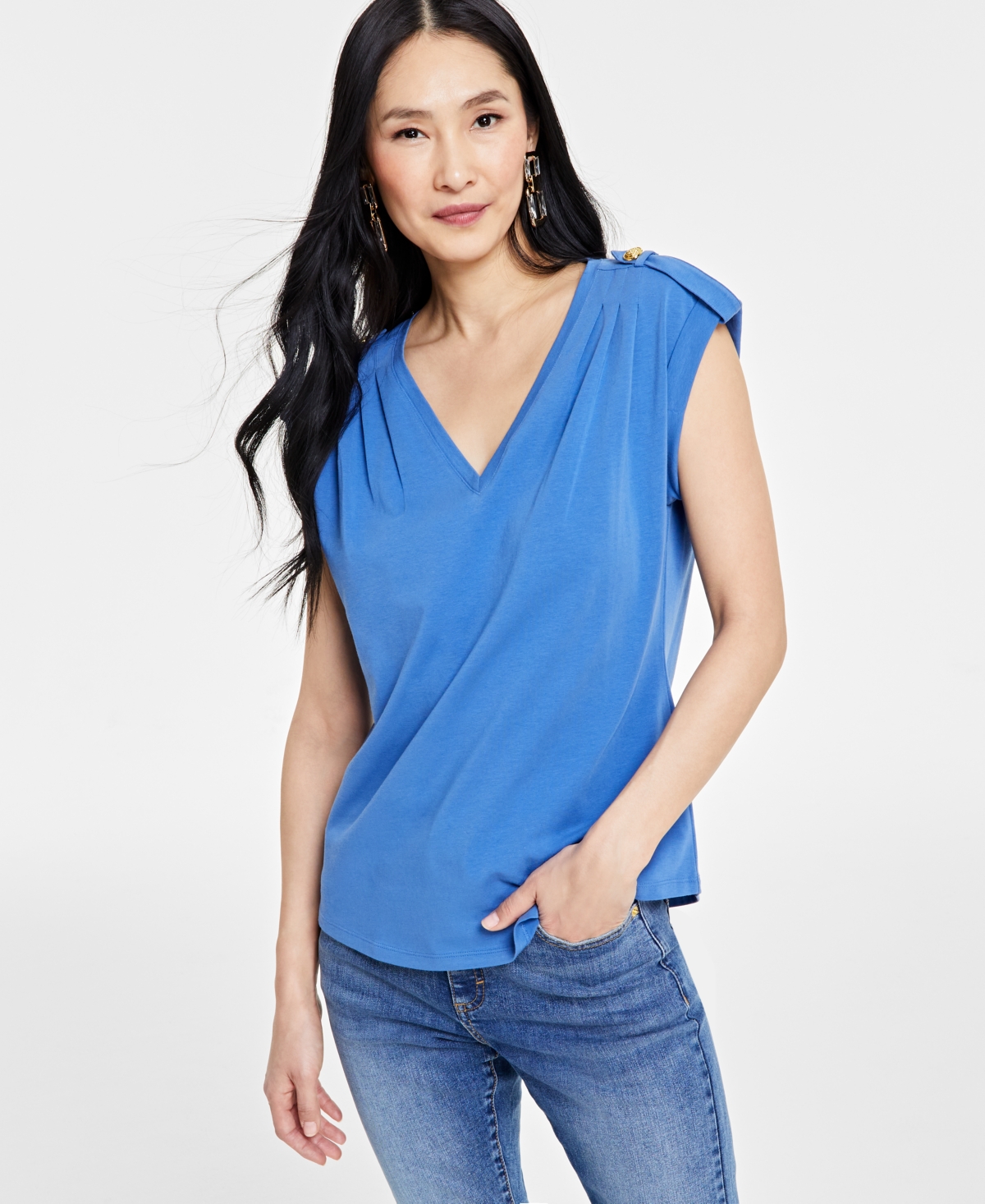 Inc International Concepts Women's Cap-sleeve V-neck Top, Created For Macy's In Deep Cornflower