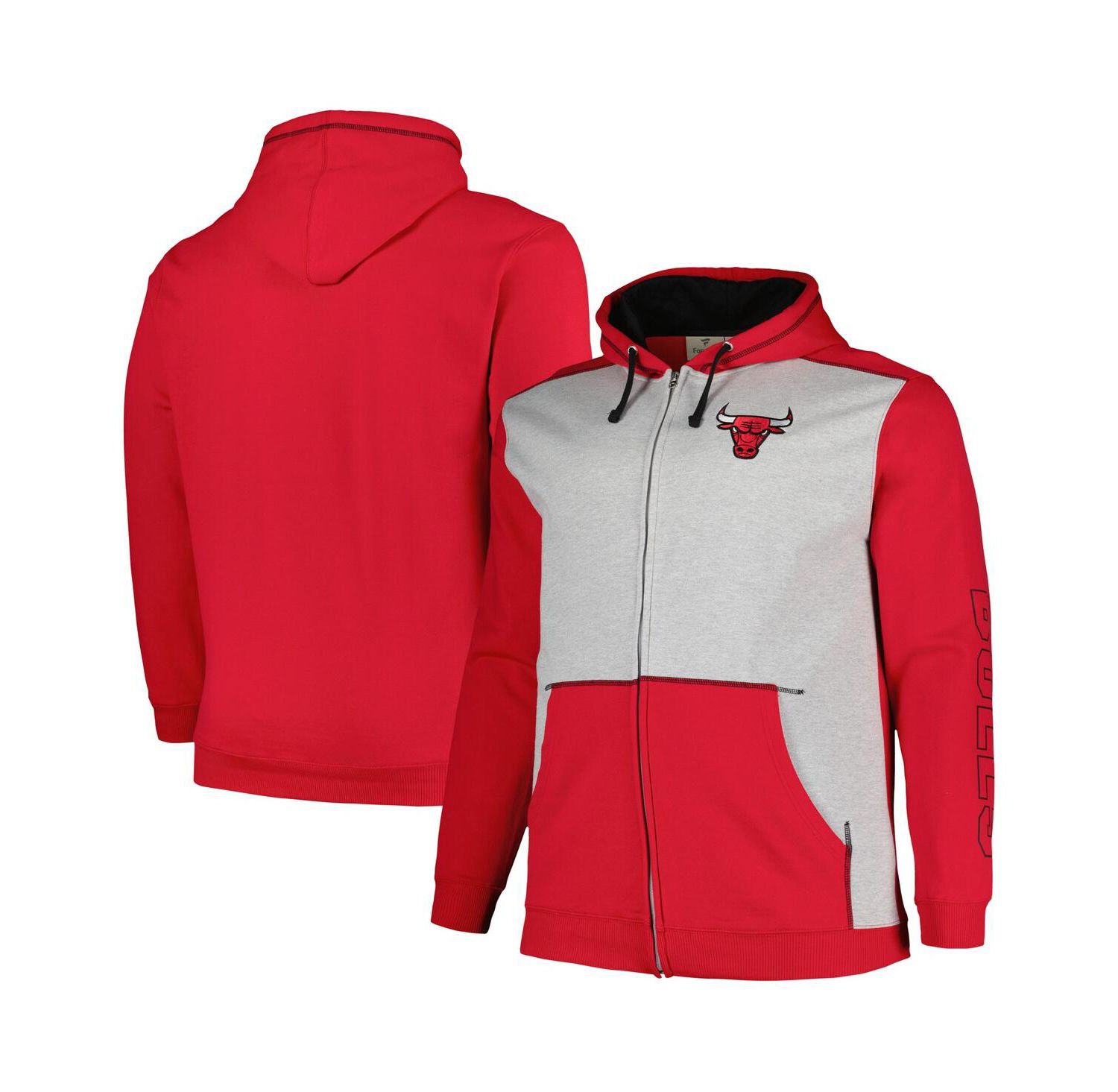Men's Red, Heather Gray Chicago Bulls Big and Tall Contrast Pieced Stitched Full-Zip Hoodie