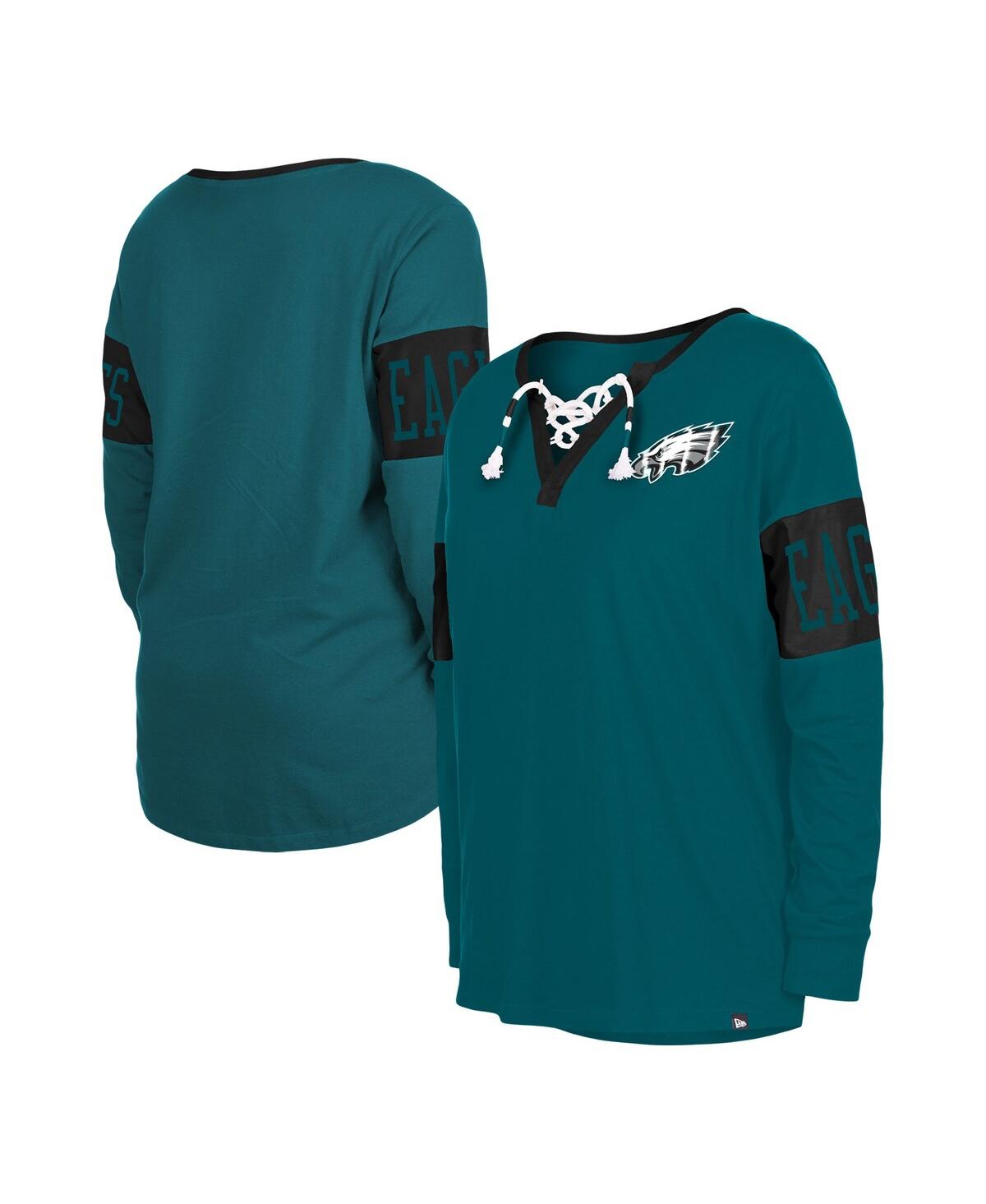Women's New Era Midnight Green Philadelphia Eagles Lace-Up Notch Neck Long Sleeve T-shirt - Midnight Green