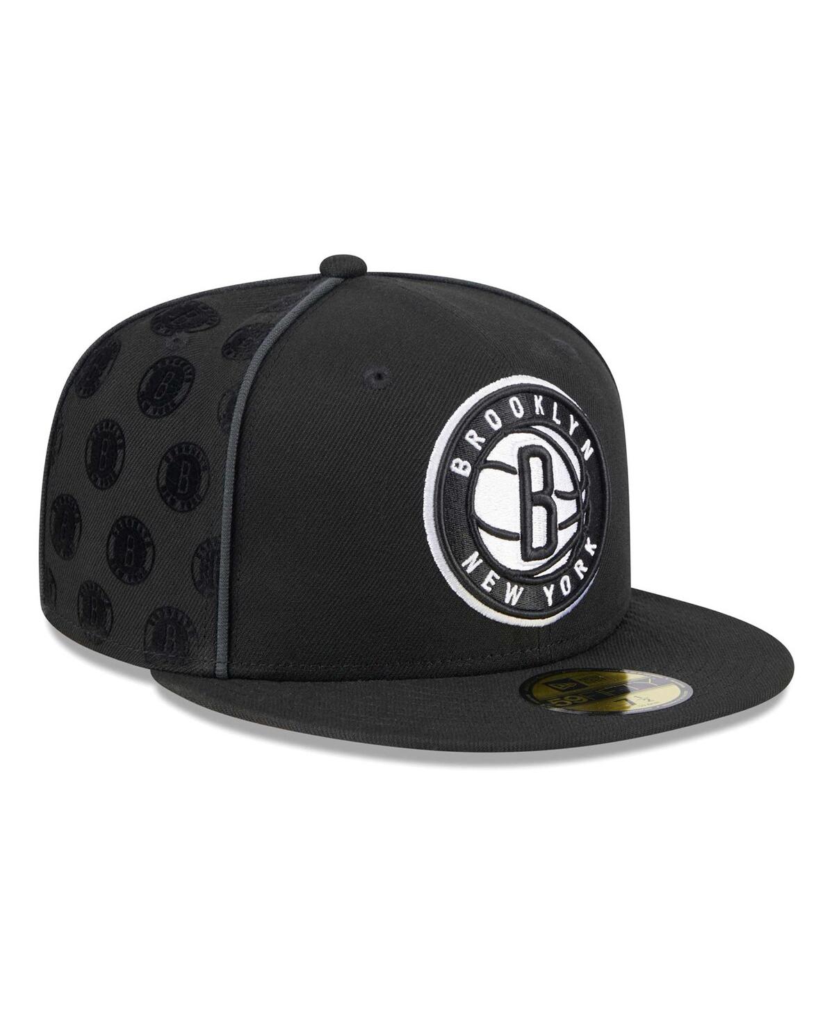 Men's New EraBrooklyn Nets Piped & Flocked 59Fifty Fitted Hat - Black