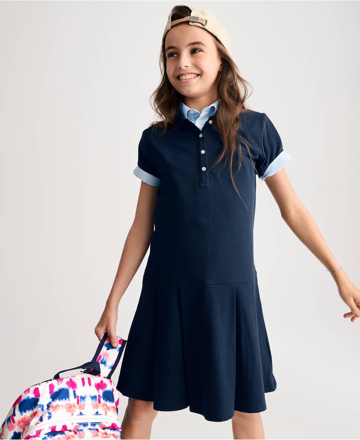 Lands' End Girls School Uniform Short Sleeve Mesh Pleated Polo Dress