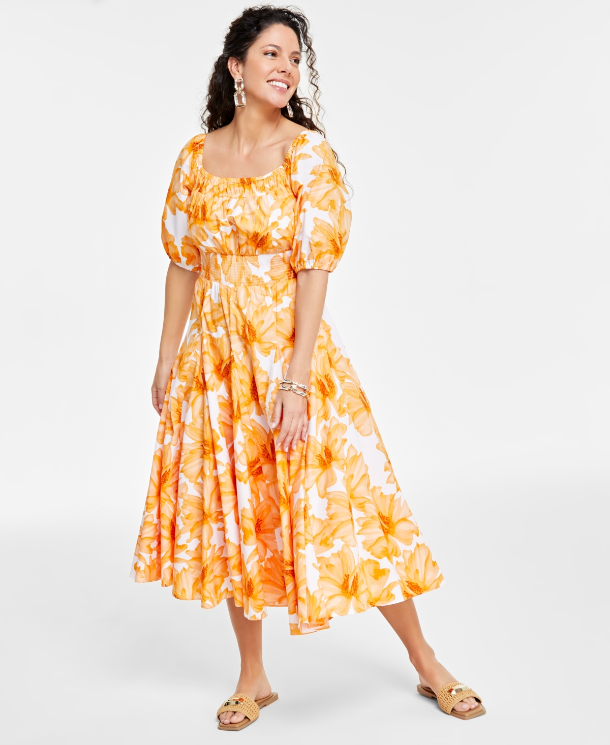 Inc International Concepts Women's Floral-print Cotton Midi Dress, Created For Macy's In Maya Garden Mango
