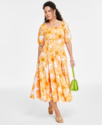 I.N.C. International Concepts Womens Floral Print Cotton Midi Dress Drop Earrings Chain Link Bracelet Clutch Bag Flat Sa