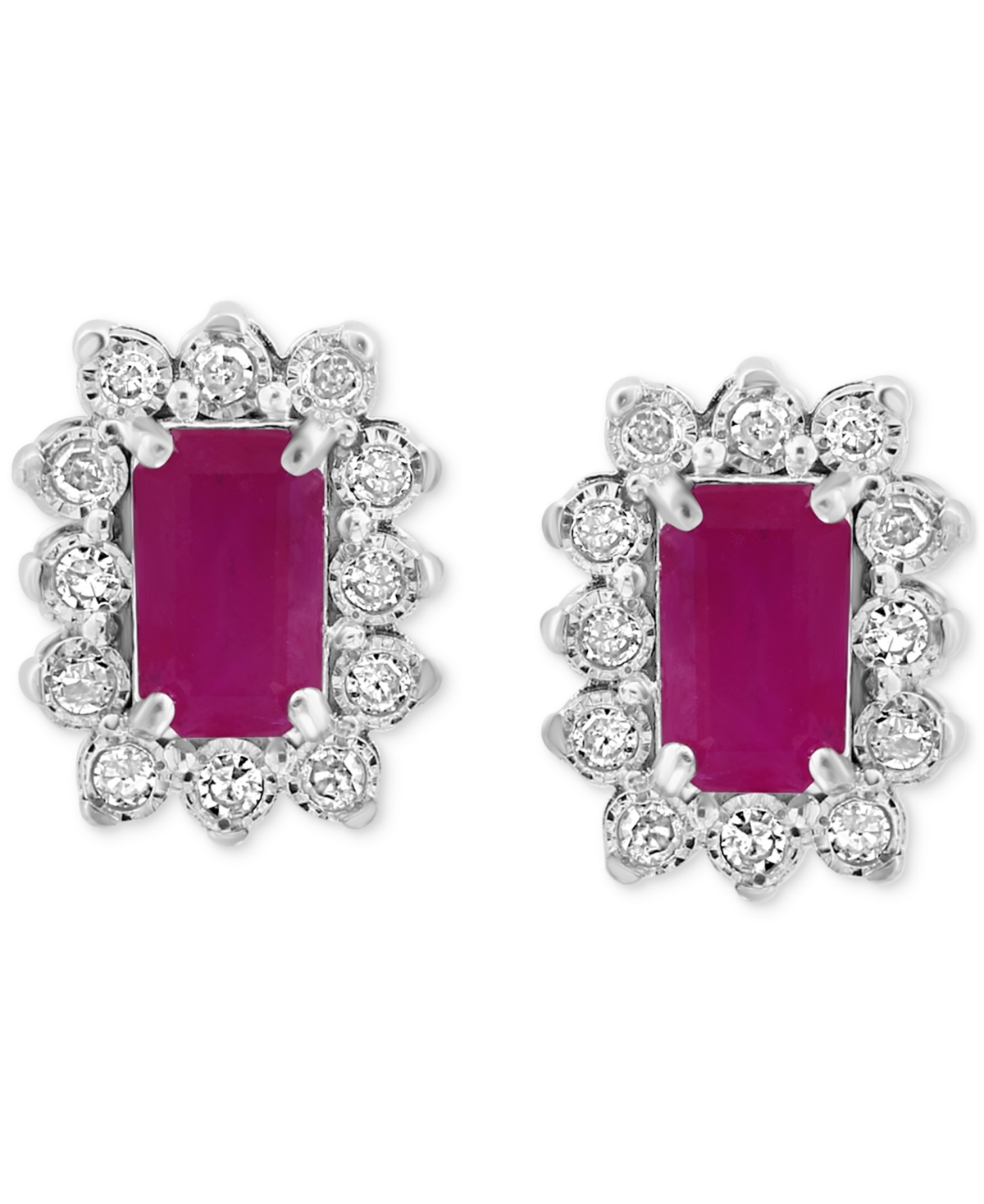 Shop Effy Collection Effy Ruby (3/4 Ct. T.w.) & Diamond (1/10 Ct. T.w.) Halo Stud Earrings In Sterling Silver In Yellow Gol