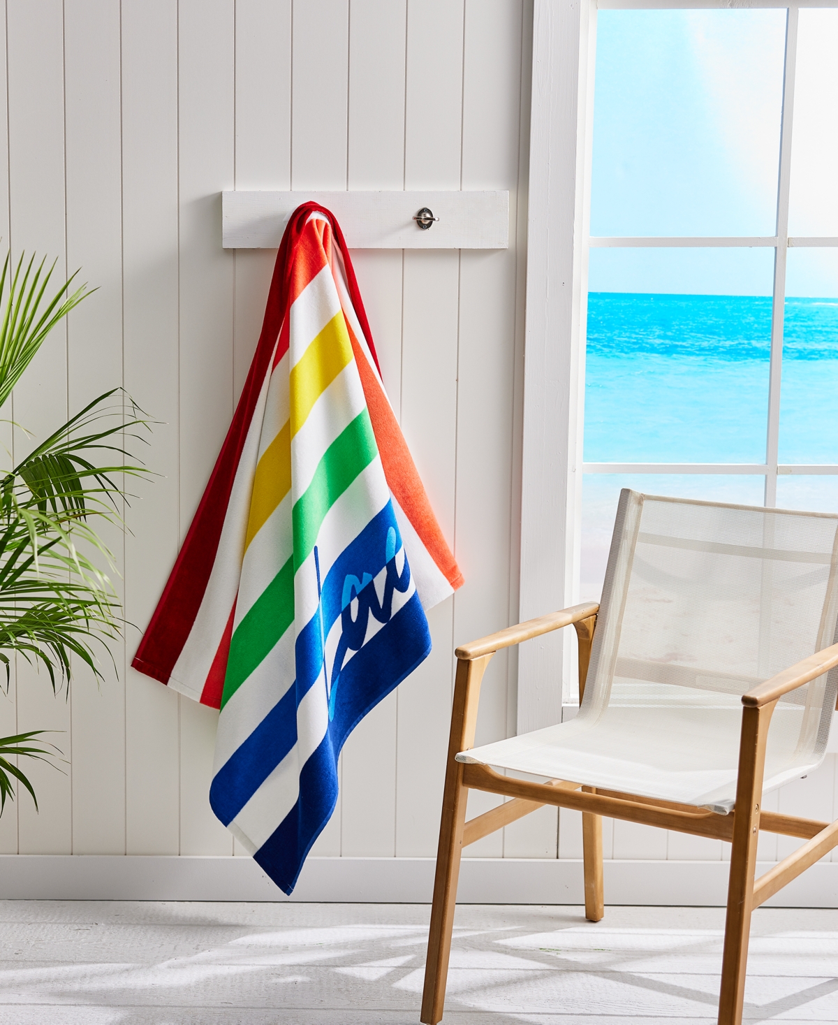 Shop Lacoste Home Script Logo Striped Cotton Beach Towel In Multi