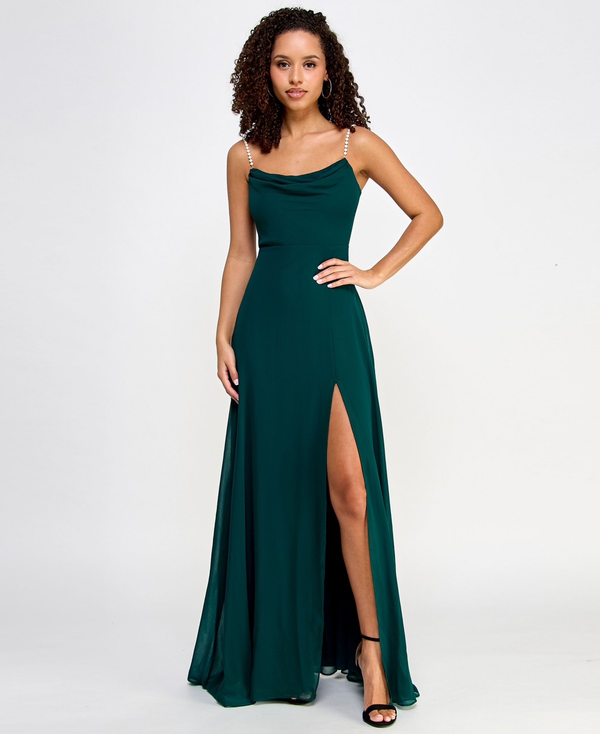 City Studios Juniors' Drape-neck Faux-peal-strap Gown In Deep Forest