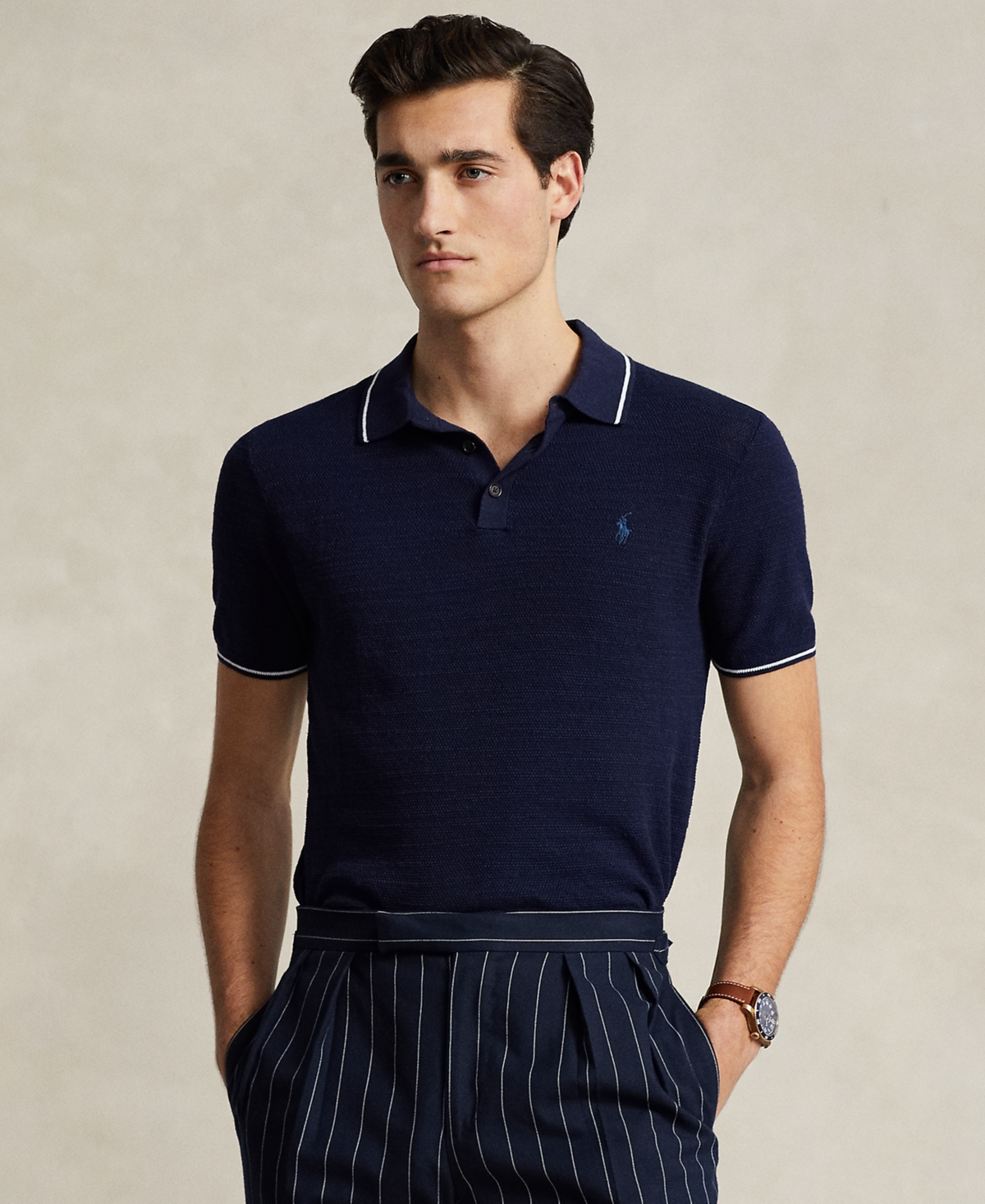 Shop Polo Ralph Lauren Men's Cotton-linen Polo-collar Sweater In Bright Navy