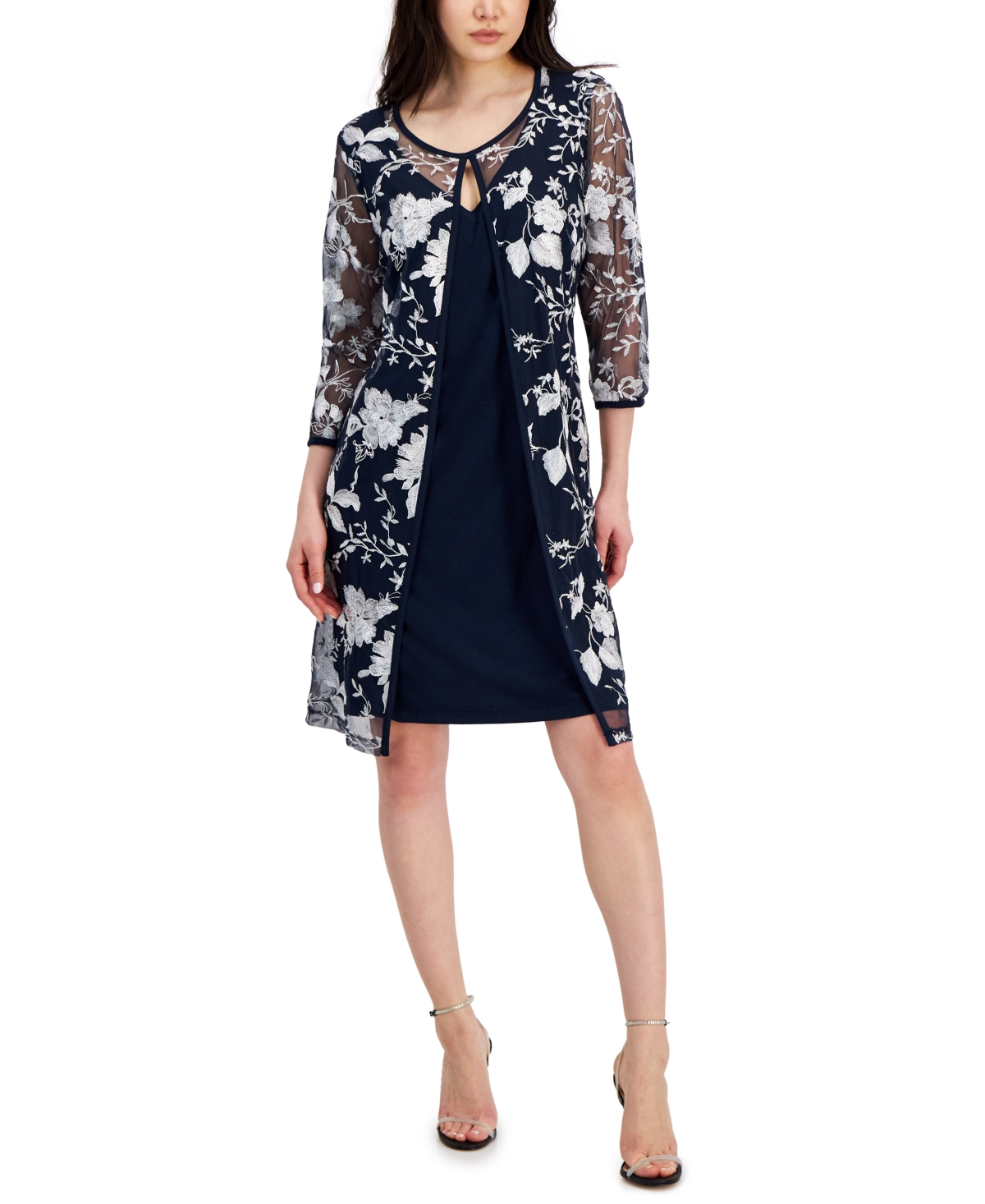 Connected Women's Embroidered Split Overlay 3/4-sleeve Dress In Navy