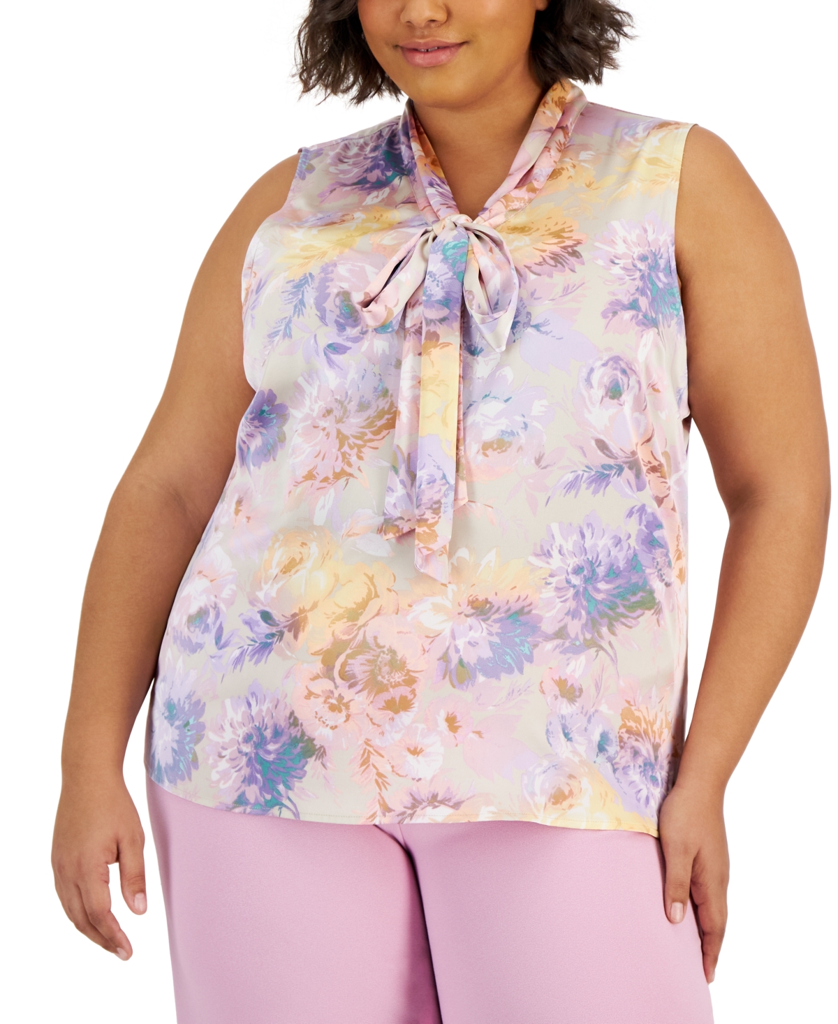 Plus Size Floral Sleeveless Bow Blouse - Pastel Multi