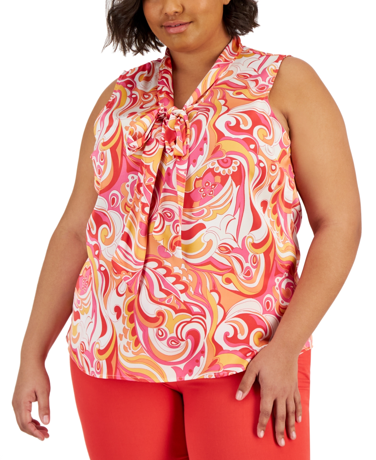 Plus Size Printed Sleeveless Bow Blouse - Pink Swirl