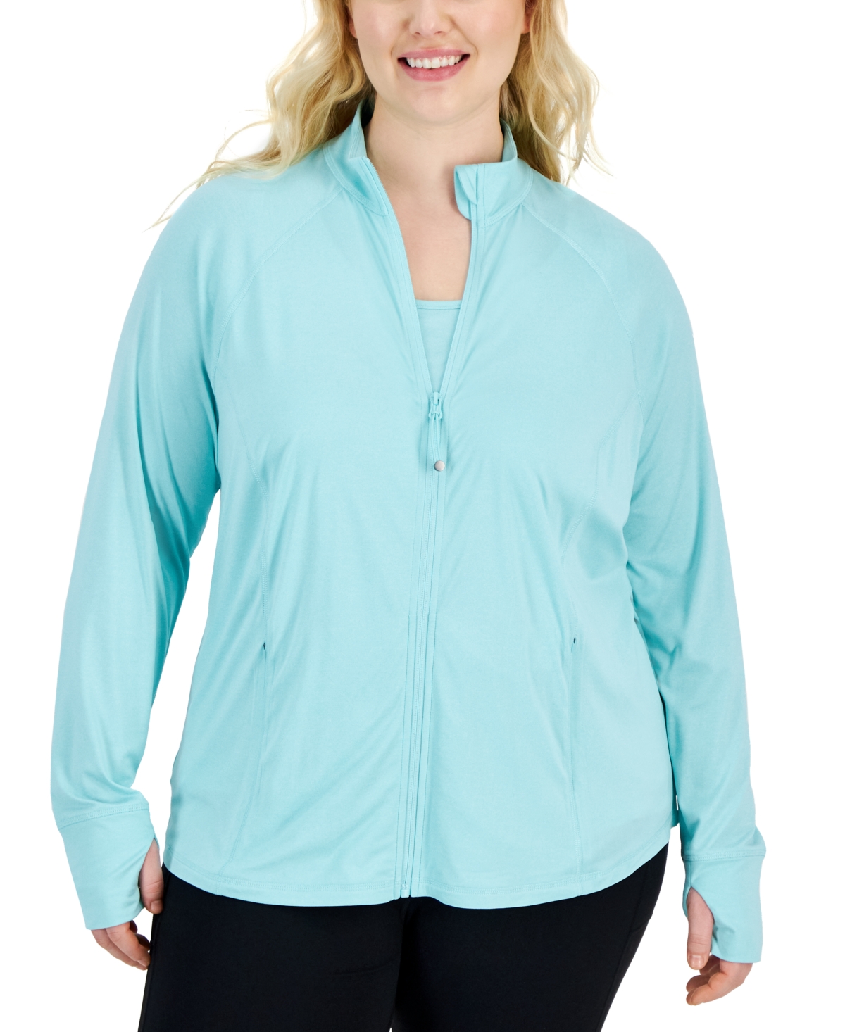 Shop Id Ideology Plus Size Zip-front Long Sleeve Jacket, Created For Macy's In Ocean Sight