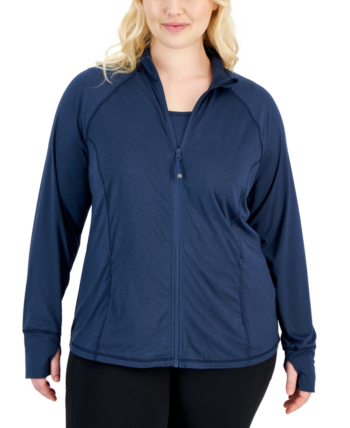 Id Ideology Plus Size Zip-front Long Sleeve Jacket, Created For Macy's In Navy Serenity,deep Black
