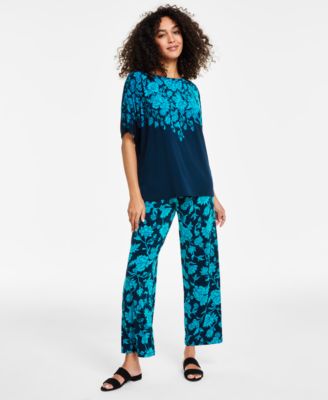 Jm Collection Womens Printed Short Sleeve Knit Top Pull On Pants Created For Macys In Intrepid Blue Combo