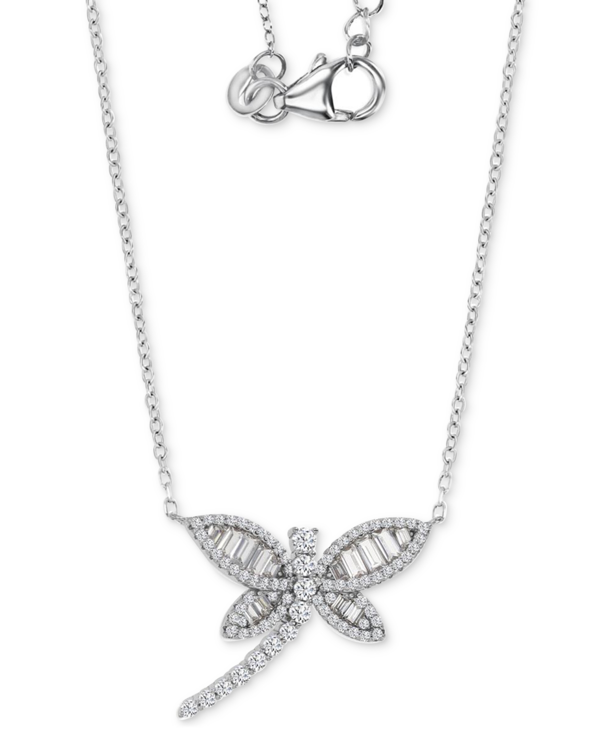 Cubic Zirconia Baguette & Round Dragonfly Pendant Necklace in Sterling Silver, 18" + 2" extender - Silver
