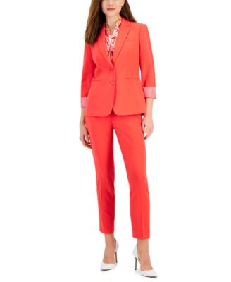 Tahari Asl Womens Two Button Rolled Sleeve Jacket Sleeveless Printed Bow Neck Blouse Classic Straight Leg Pants In Grenadine