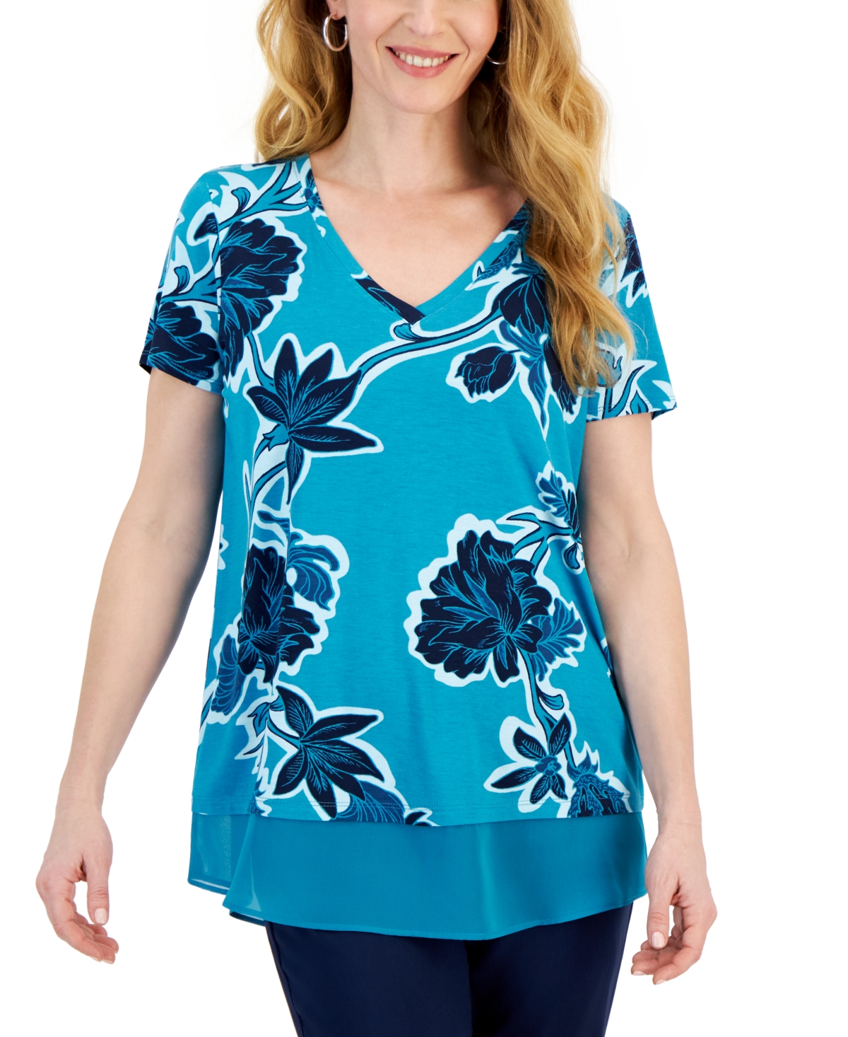 Shop Jm Collection Women's Printed Short Sleeve Scoop Neck Twofer Top, Created For Macy's In Seafrost Combo