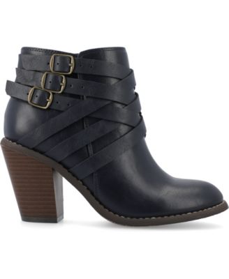 Women's Strap Round Toe Stacked Heel Dress Booties
