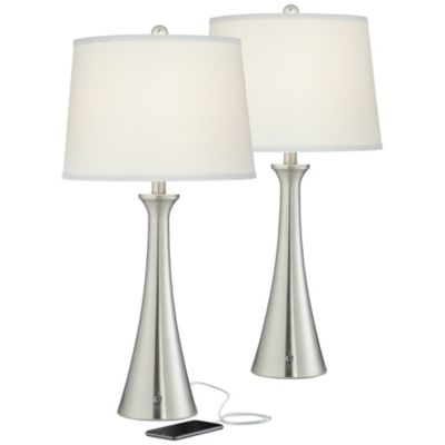 Karl Modern Table Lamps 27 1/2" Tall Set of 2 Brushed Nickel with USB and Outlet White Drum Shade for Bedroom Living Room House Bedside