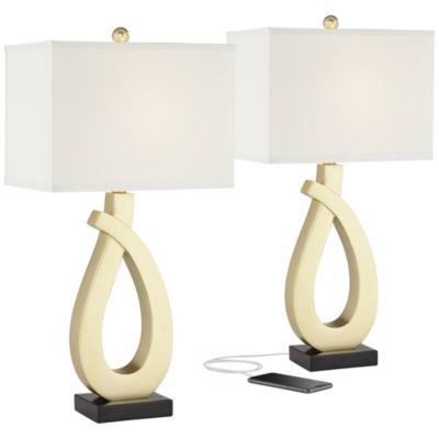 Simone Modern Table Lamps 28" Tall Set of 2 Sculptural Gold Metal USB Charging Port White Rectangular Shade Bedroom Living Room