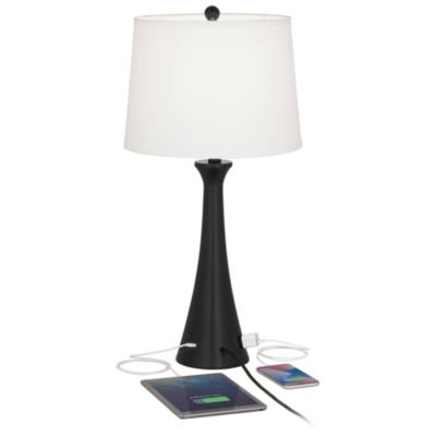 Karl Modern Table Lamps 28 1/4" Tall Set of 2 Black Metal with USB and AC Power Outlet in Base White Drum Shade for Bedroom Living Room