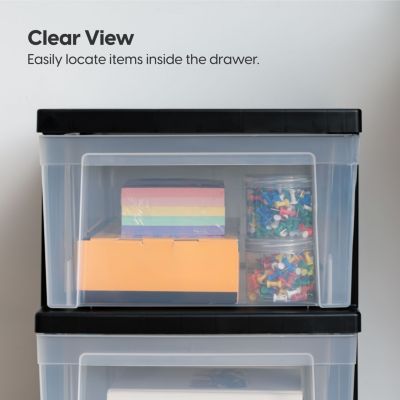 3-Drawer Plastic Storage Dresser, 2-Pack, Standing Organizer Storage Container Bin with Drawers for Clothes Crafts Classroom Bedroom Dorm, Black/Clear