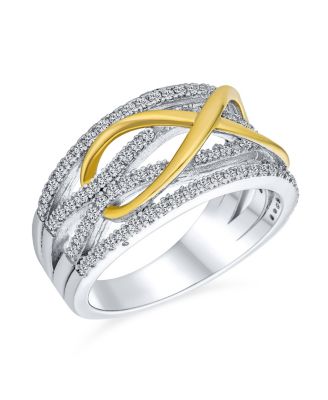 Two Tone Micro Pave CZ Wide Statement Infinity Ring Gold Plated Silver