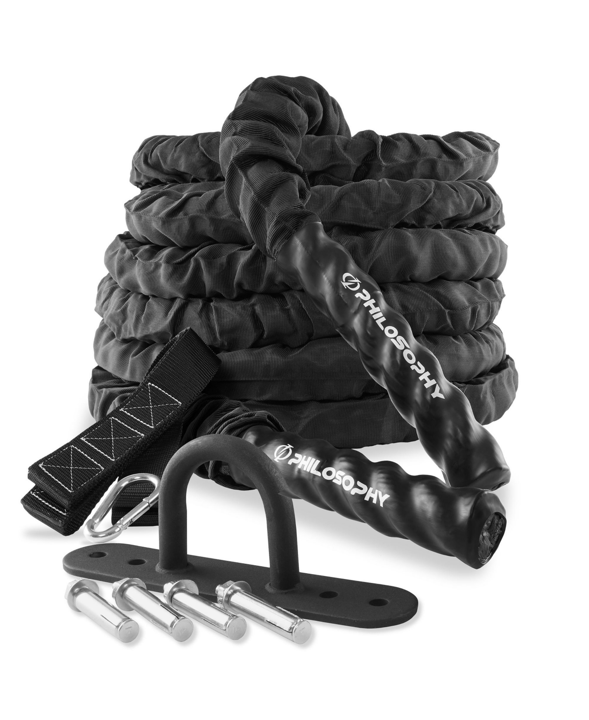 40 Foot Exercise Battle Rope 1.5 Inch Diameter with Cover and Anchor Kit - Black
