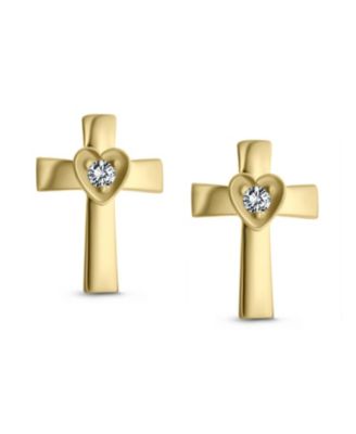 Tiny Minimalist Religious Christian Catholic CZ14K Gold Screw back Heart Cross Stud Earrings