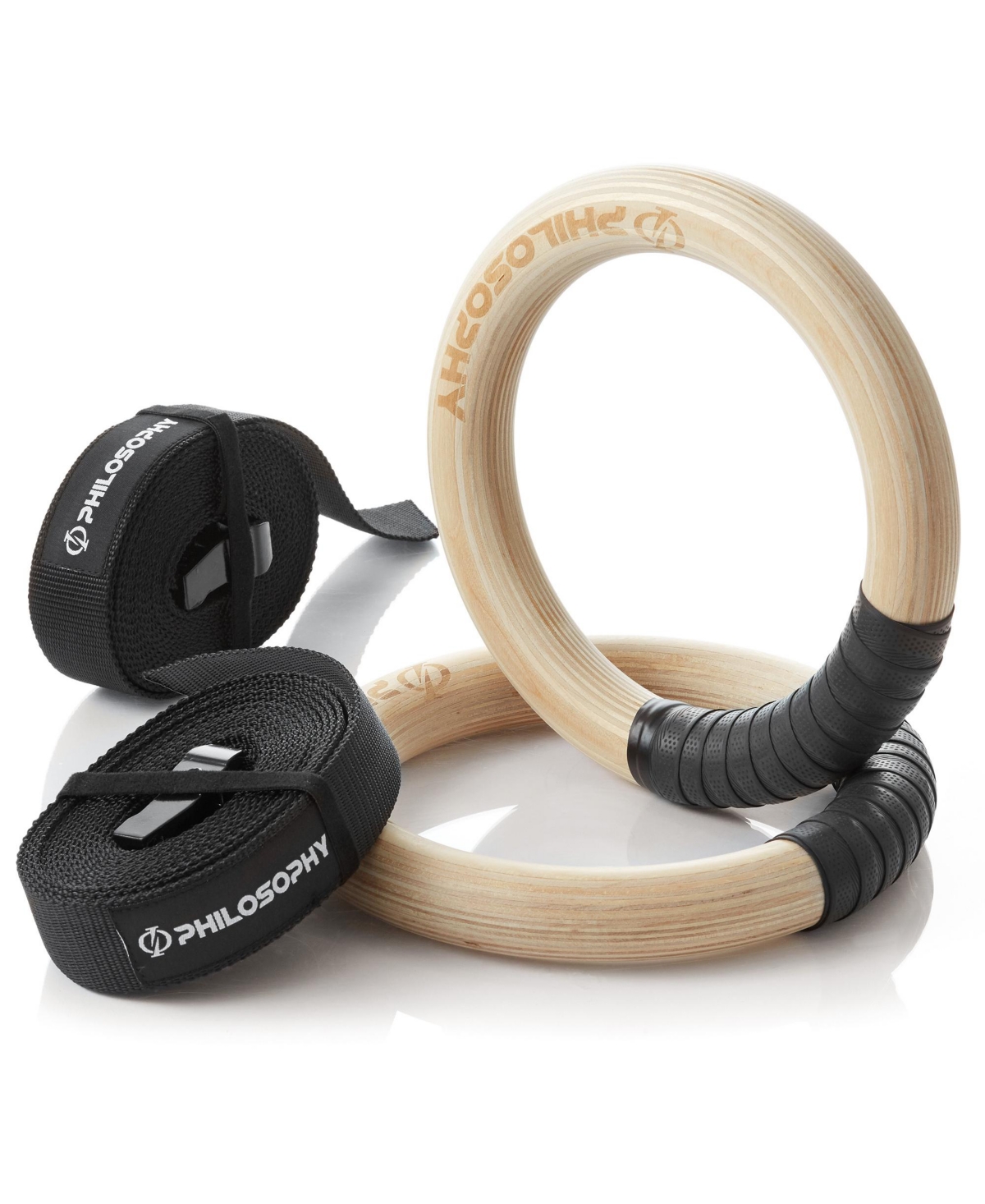 Wood Gymnastic Rings 1.25" Grip - Exercise Ring Set with Adjustable Straps, Grip Tape for Pull Ups, Dips, Muscle Ups - Wood