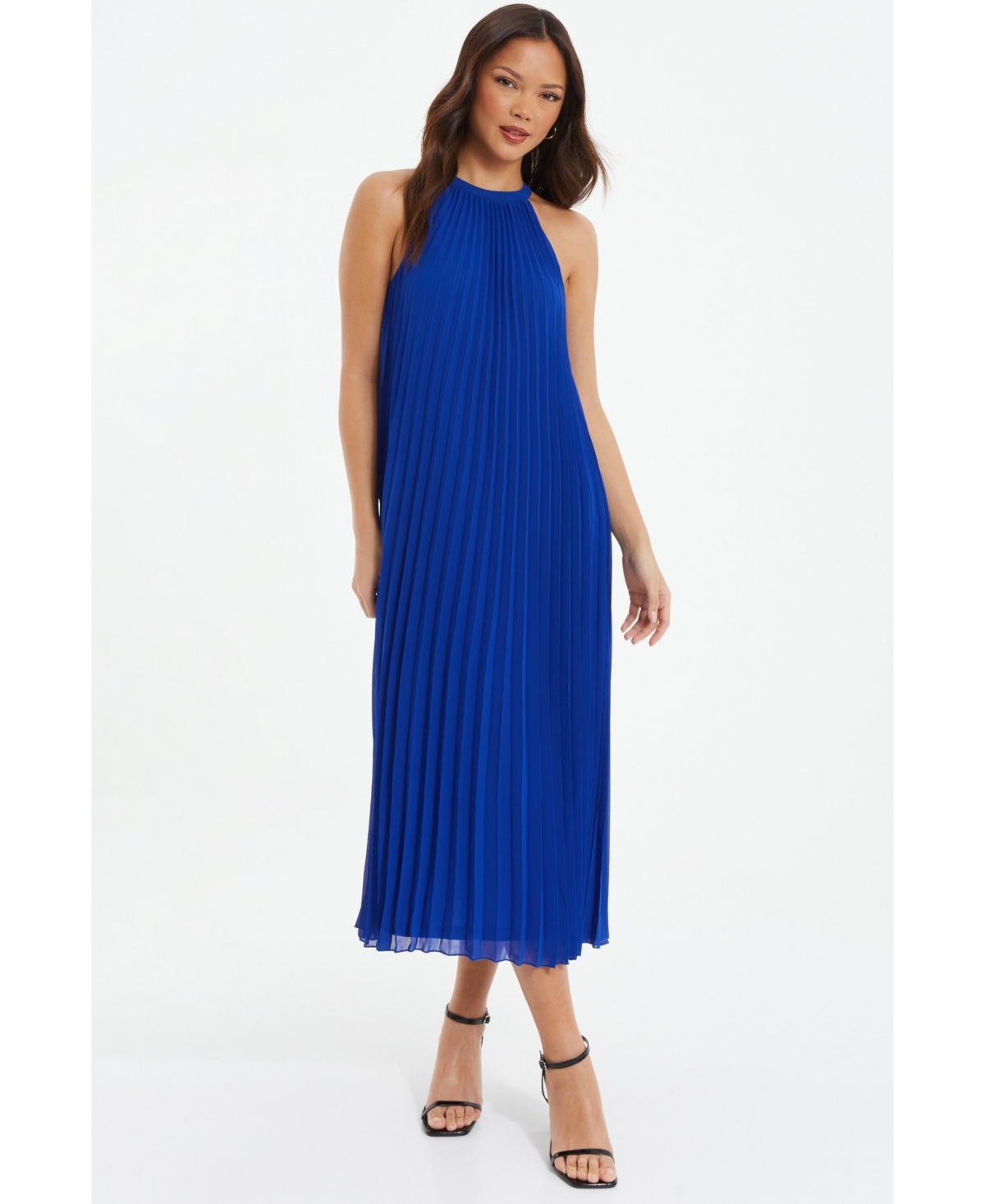 Women's Pleated Chiffon High Neck Midi Dress - Blue