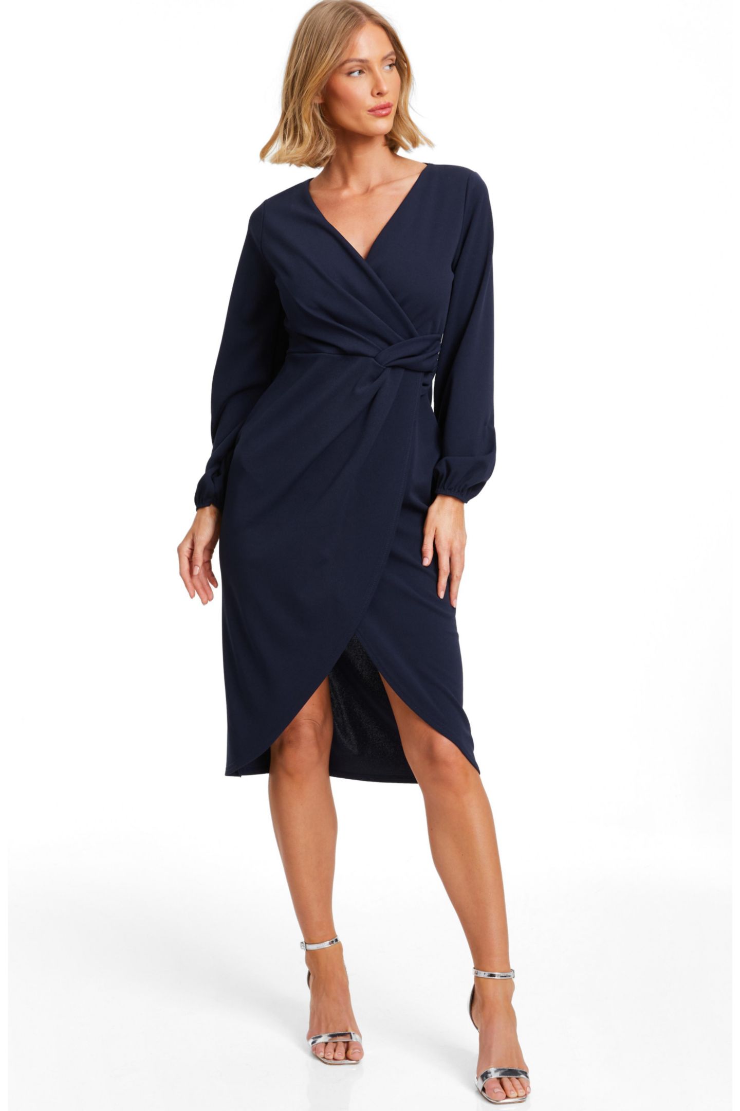 Женское платье QUIZ Front Knot Wrap Detail Midi, цвет: Синий — фото 1