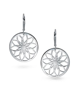 Geometric Floral Garden Round Circle Disc Cutout Flower Dangle Earrings Sterling Silver Lever Back