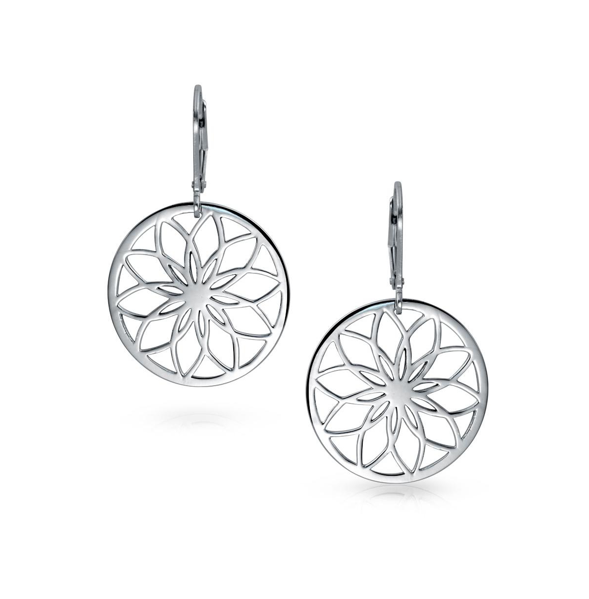 Bling Jewelry Geometric Floral Garden Round Circle Disc Cutout Flower Dangle Earrings For Women SterlingLever Back - Silver