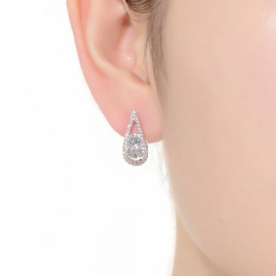 Sterling Silver with White Gold Plated Clear Round Cubic Zirconia Pear Frame Halo Earrings