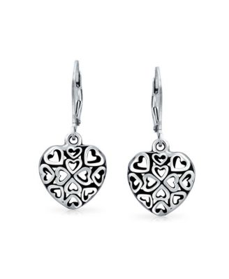 Open Clover Flower Filigree Heart Dangle Earrings Oxidized Rose Gold Sterling Silver