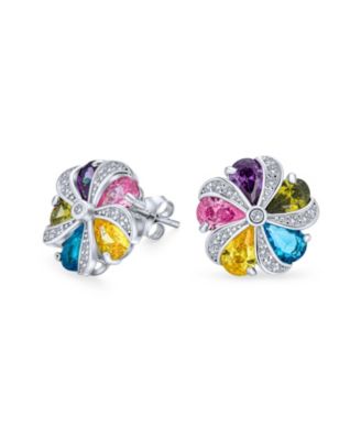 Rainbow Colorful Statement Multicolor CZ Swirling Circle Button Flower Stud Earrings