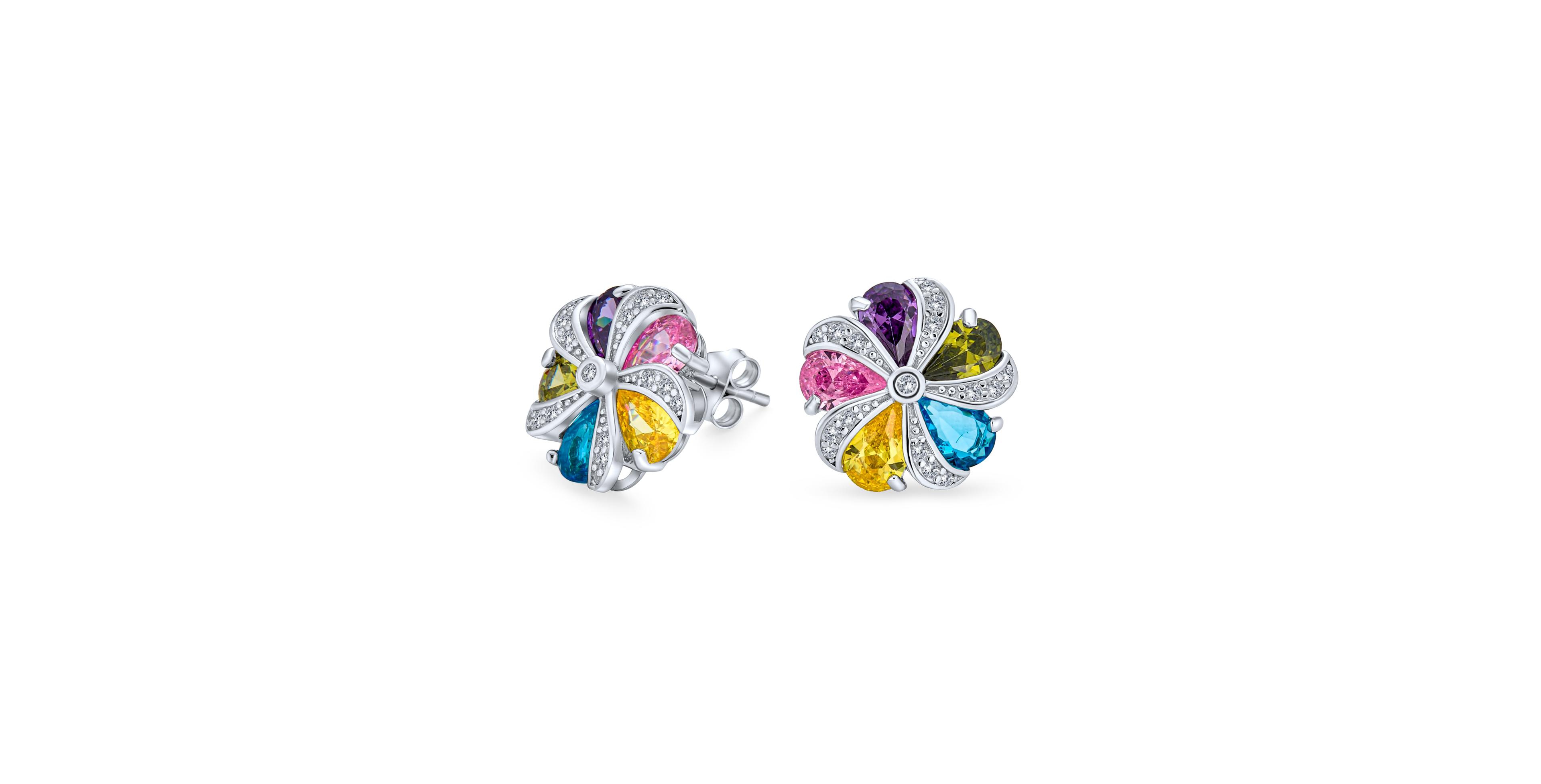 Bling Jewelry Rainbow Colorful Statement Multicolor Cz Swirling Circle Button Flower Stud Earrings