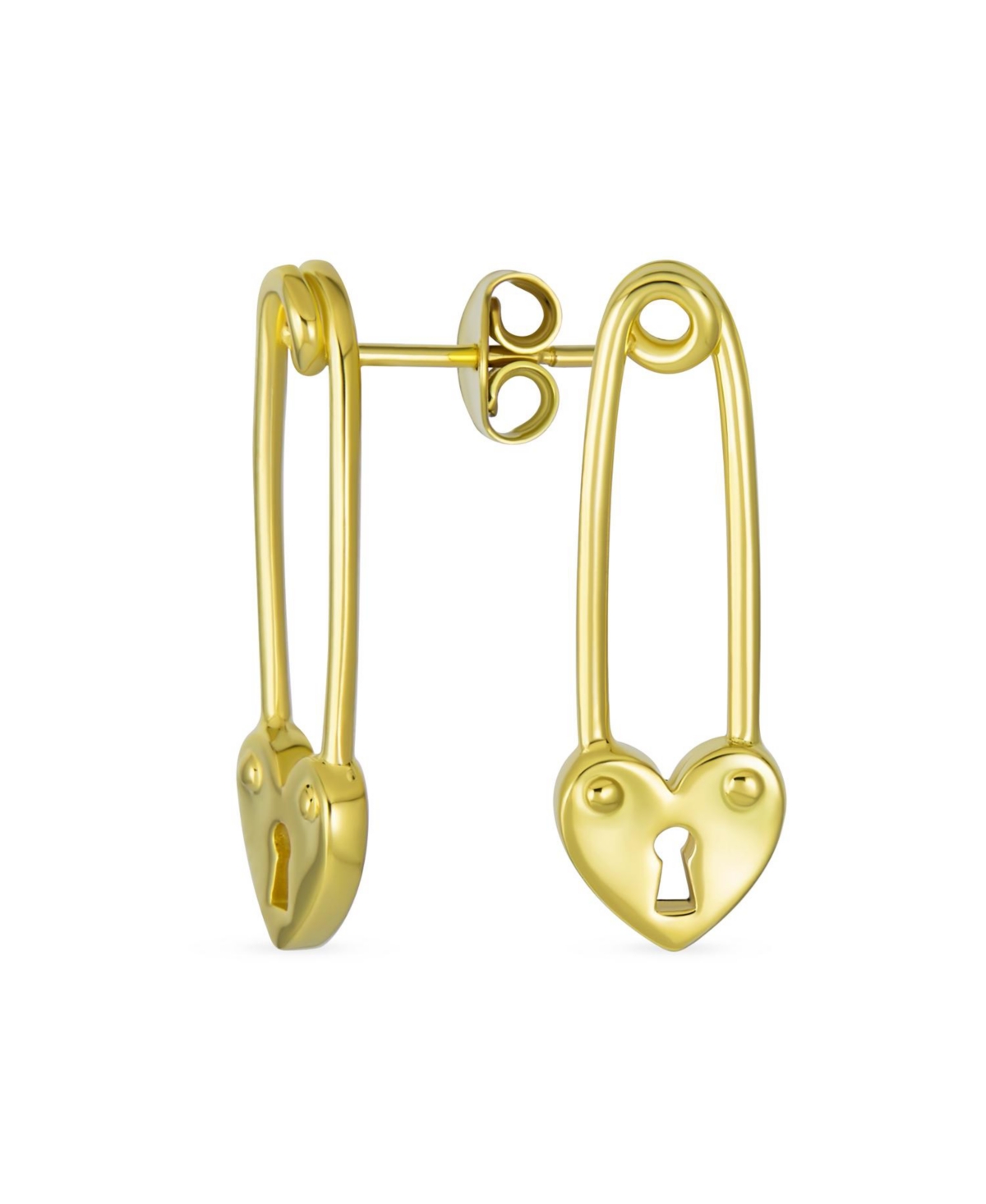 Inspirational Symbol Paper Clip Love Lock Drop Sweet Heart Safety Pin Earrings Stud For Women Teen 14K Yellow Gold Plated .925 Sterling Silver - Gold-