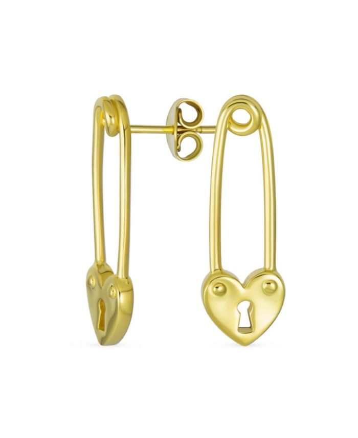 Bling Jewelry Romantic Heart Lock Safety Pin Drop Earrings Gold Plated