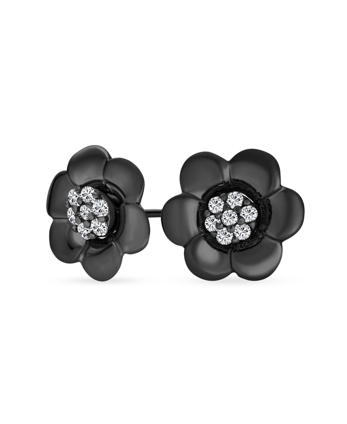 2 In 1 Removable Jackets Simple Danity Pave Cz Stud Center with Petal Flower Jacket Rose Stud Earrings For Women Teen Black Plated Sterl