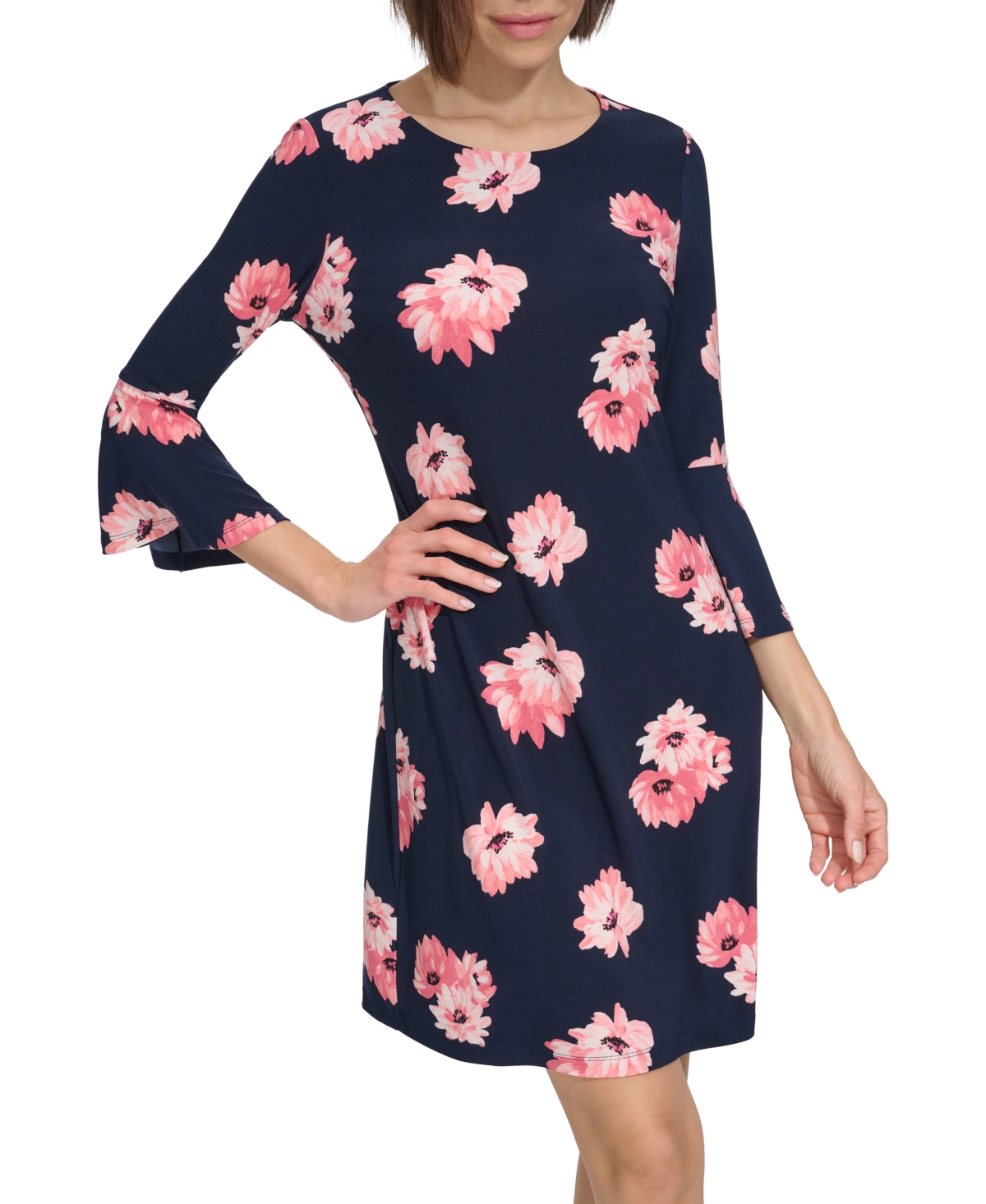 Shop Tommy Hilfiger Women's Floral Bell-sleeve Shift Dress In Sky Captain,bloom