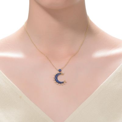 Sterling Silver with 14K Gold and Black Plated Blue Cubic Zirconia Moon Charm Necklace
