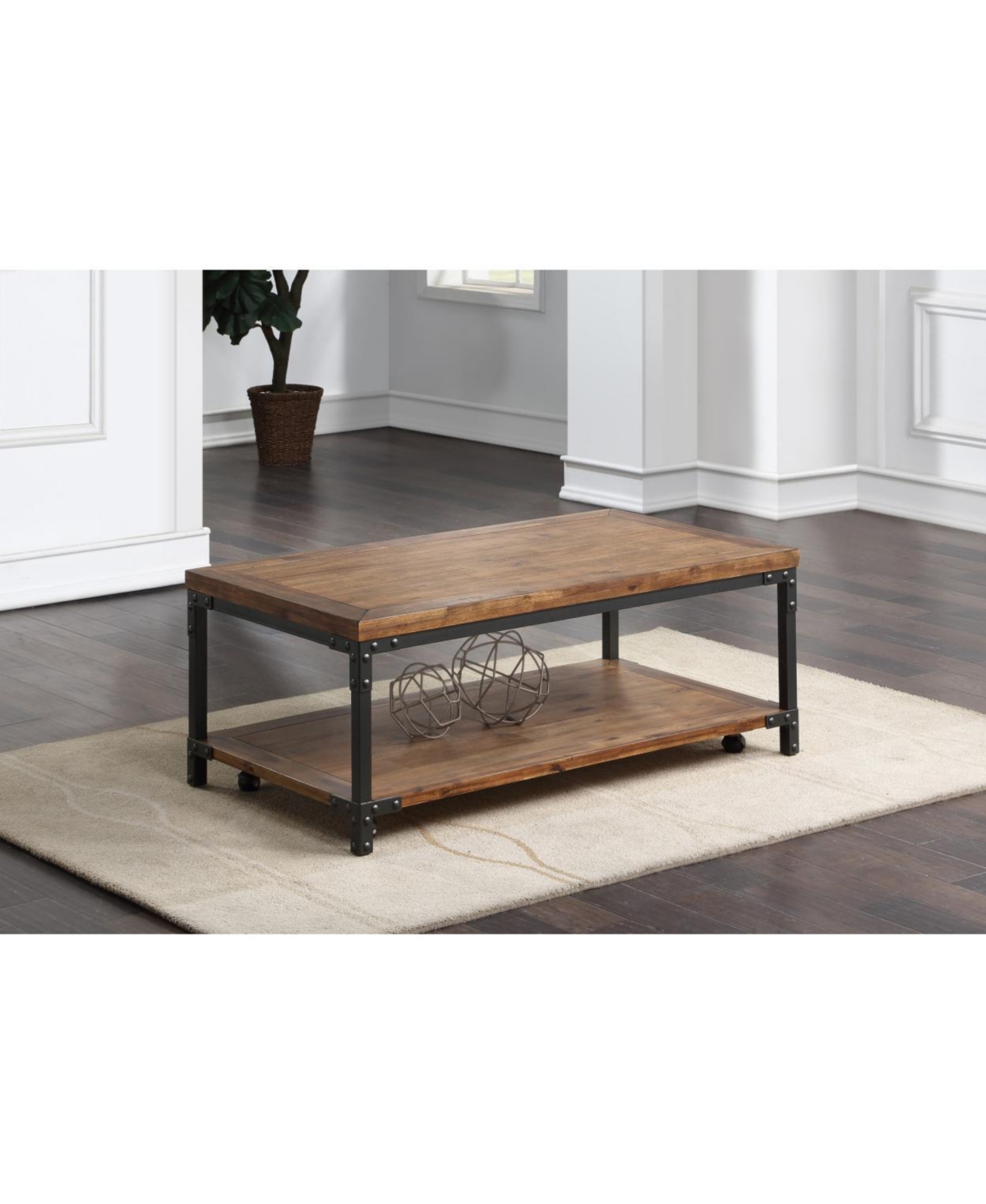 Simplie Fun Rustic-Industrial Cocktail Table - Mixed Media Styling, Antiqued Honey Finish, Bottom Shelf - -khaki
