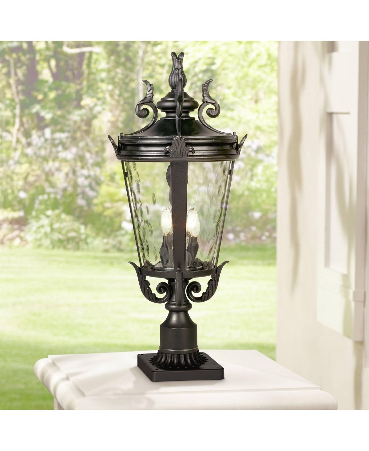 Marseille Rustic Vintage Outdoor Post Light with Pier Mount Textured Black Metal 27" Clear Hammered Glass for Exterior House Porch Patio Outside Deck